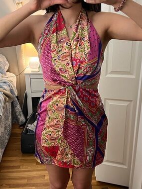 Zara Pink Paisley Halter Knot-Front Mini Dress